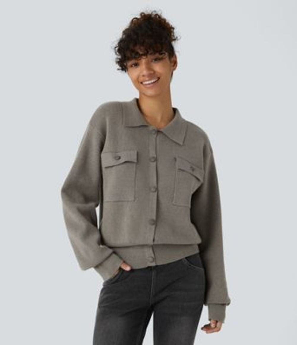Halara M Soft Knit Pocket Collard Button Down Sweater Minimalist Quiet Luxury